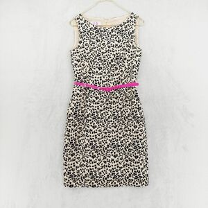 9&CO Cream Black Leopard Print Belt Back Zip Sleeveless Midi Sheath Dress P2577